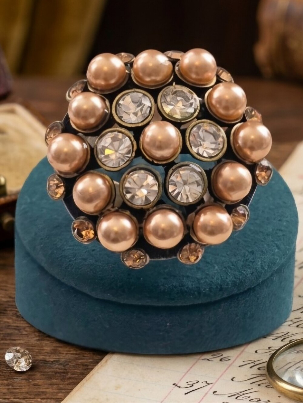 Vintage Style Cluster Ring with Champagne Pearls & Crystal Rhinestones